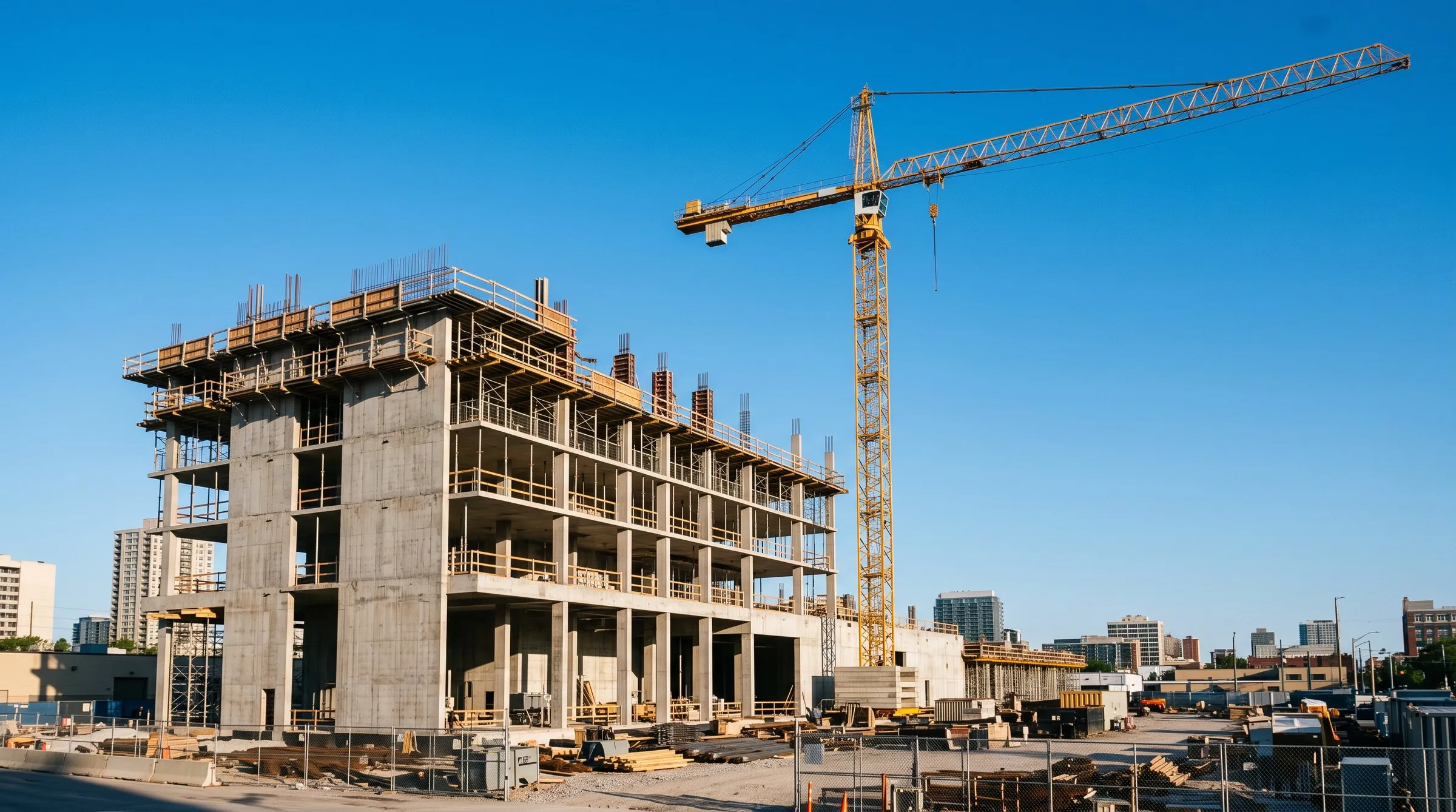 Grúa torre sobre una obra en construcción