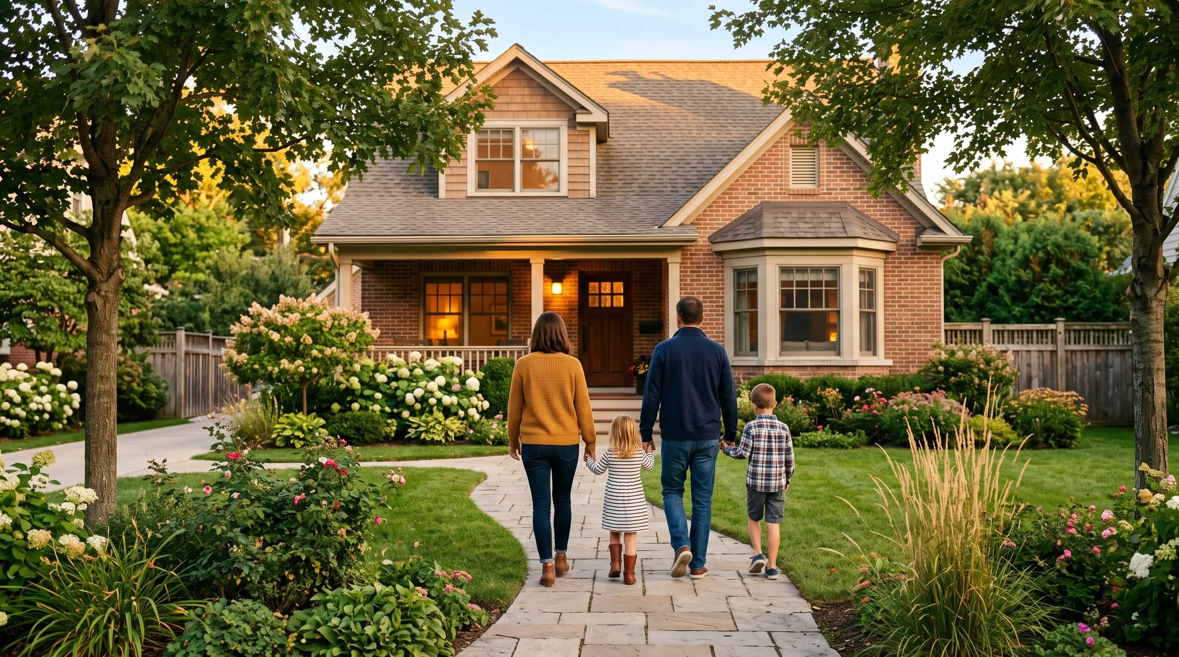 Una familia jugando frente a sus casas